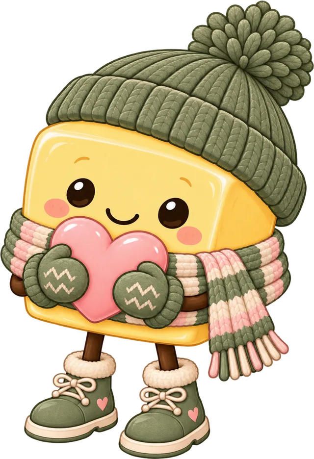 Pat the butter mascot hugging a pink heart