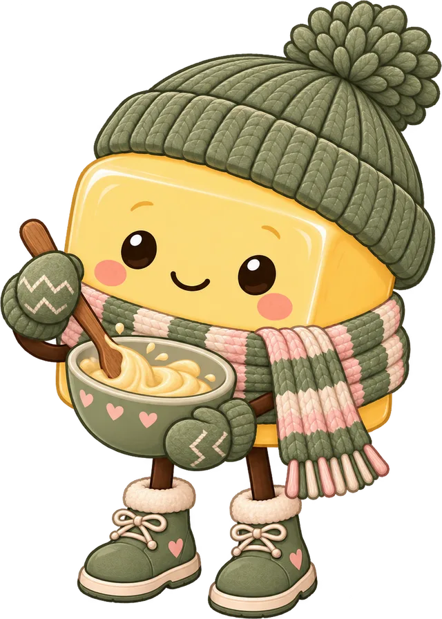 Pat the butter mascot stirring a mixing bowl