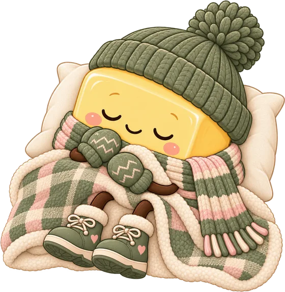 Pat the butter mascot dozing under a plaid blanket