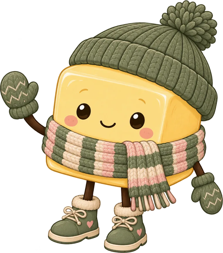 Pat, the Cozy Butter mascot: a smiling stick of butter in a knit hat, scarf, and mittens, waving hello