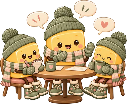 Three Cozy Butter mascots chatting around a table with coffee