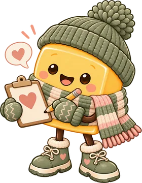 Cozy Butter mascot holding a clipboard with a heart