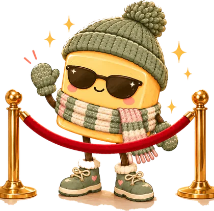 Cozy Butter mascot in sunglasses waving behind a red velvet rope