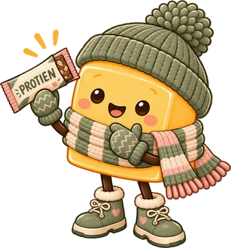 Cozy Butter mascot excitedly holding up a protein bar